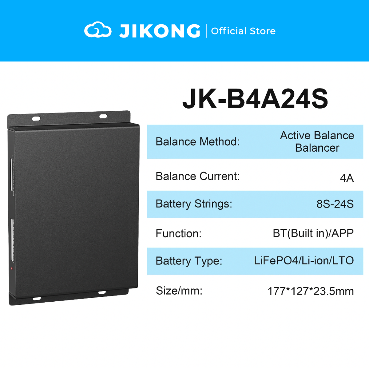JIKONG JK-B4A24S – 4A Balancer BMS with CAN/RS485 for 8S-24S LiFePO4
