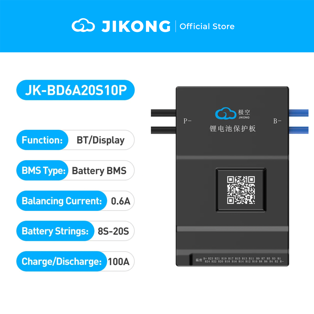 JIKONG JK-BD6A20S10P – 0.6A Balancer 100A BMS for 8S-20S LiFePO4
