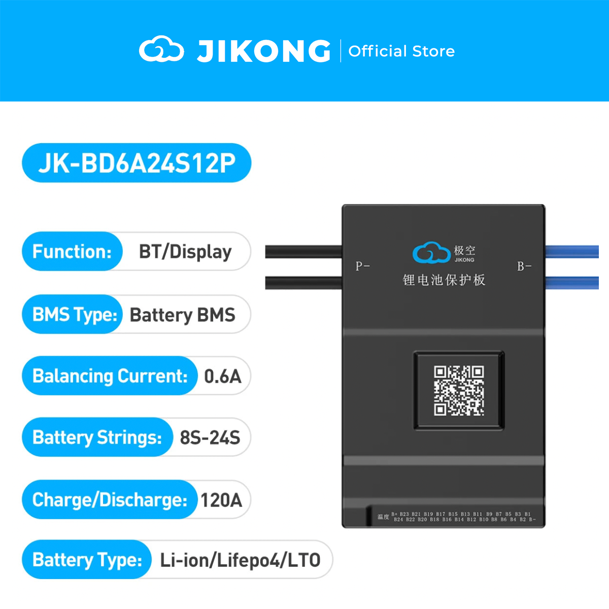 JIKONG JK-BD6A24S12P – 0.6A Balancer 120A BMS for 8S-24S LiFePO4