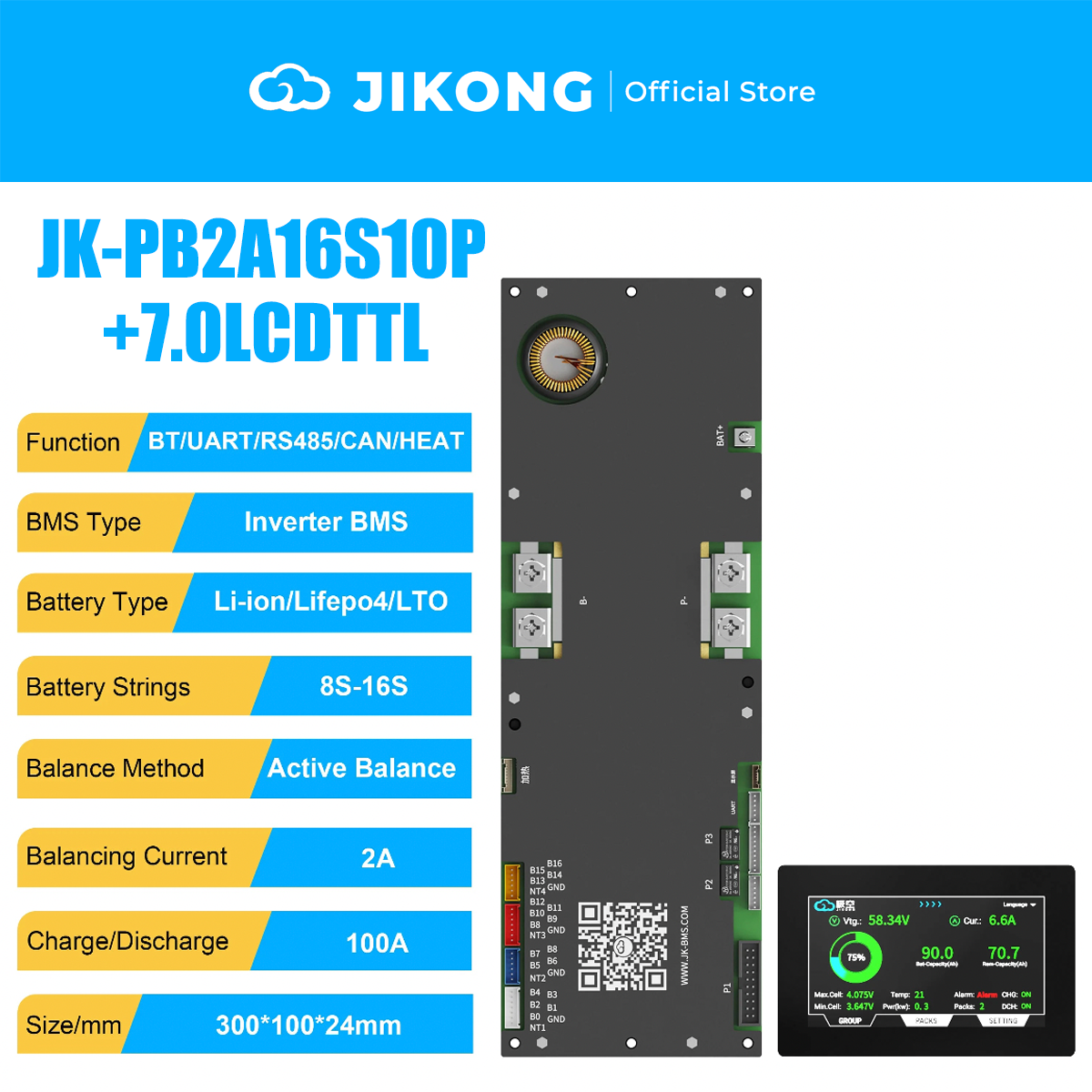 JIKONG JK-PB2A16S10P-V19 – 2A Balancer 100A 8S-16S BMS