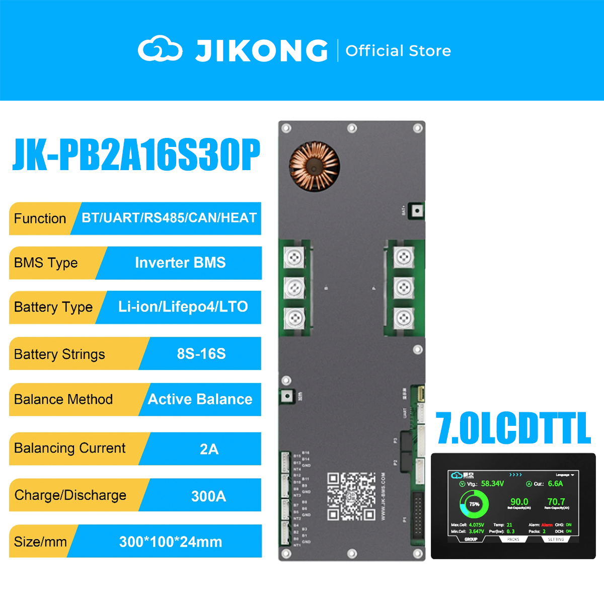 JIKONG JK-PB2A16S30P-V19 – 2A Balancer 300A 8S-16S BMS