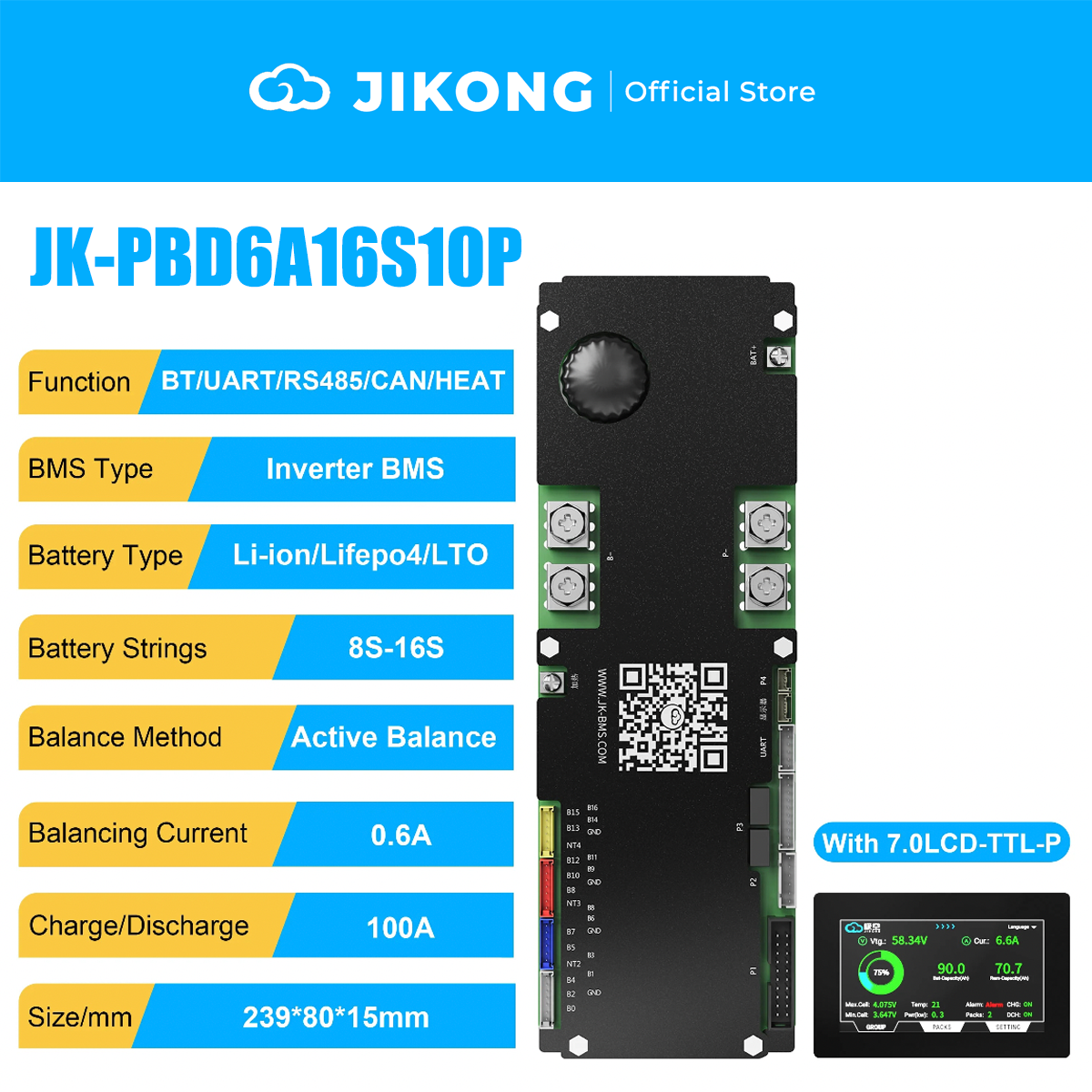 JIKONG JK-PBD6A16S10P-V22-Latest Models – 0.6A Balancer 100A 8S-16S BMS