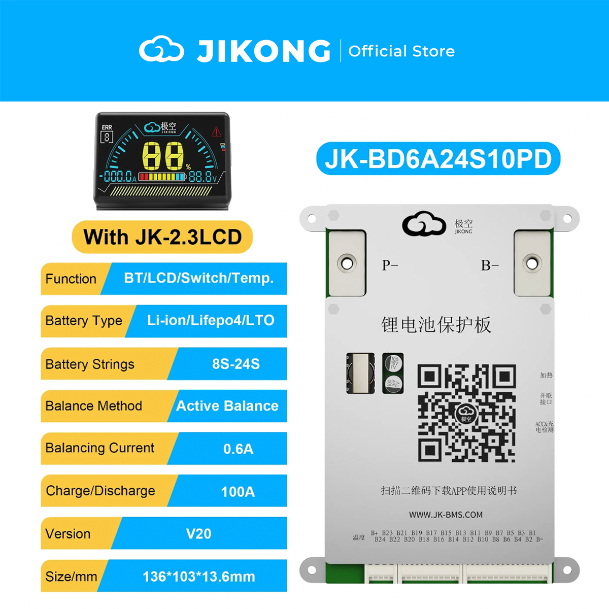 JIKONG JK-BD6A24S10PD – 0.6A Balancer 100A BMS for 24S LiFePO4