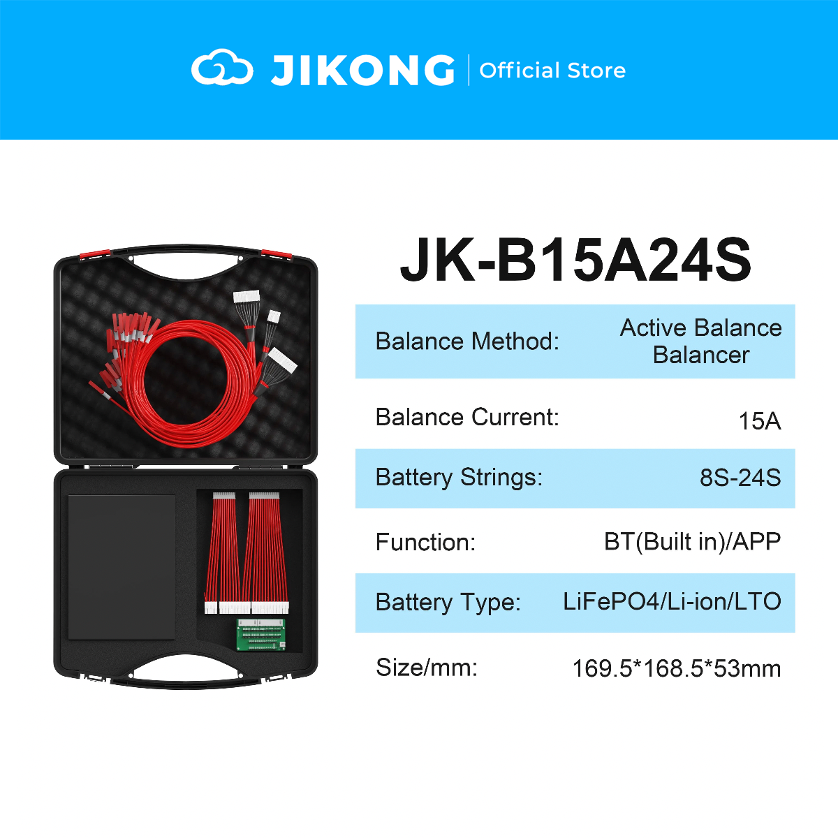 JIKONG JK-B15A24S – 15A Balancer BMS with CAN/RS485 for 8S-24S LiFePO4