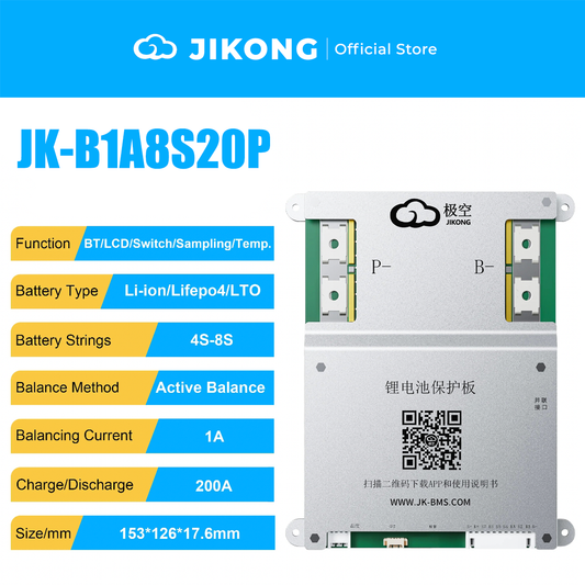 JIKONG JK-B1A8S20P – 1A Balancer 200A BMS for 4-8S LiFePO4
