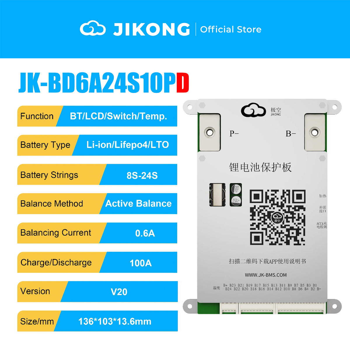 JIKONG JK-BD6A24S10PD – 0.6A Balancer 100A BMS for 24S LiFePO4