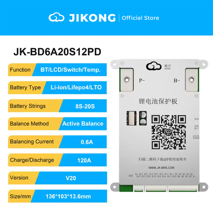 JIKONG JK-BD6A20S12PD – 0.6A Balancer 120A BMS for 8S-20S LiFePO4 screw terminals No GPS port