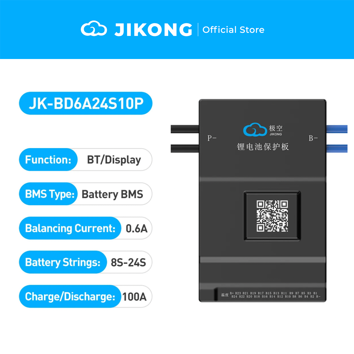 JIKONG JK-BD6A24S10P – 0.6A Balancer 100A BMS for 8S-24S LiFePO4