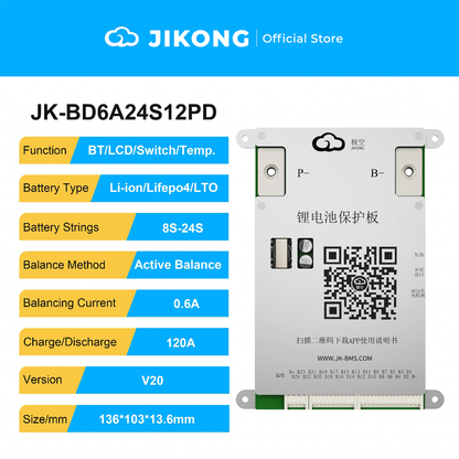 JIKONG JK-BD6A20S12PD – 0.6A Balancer 120A BMS for 8S-20S LiFePO4 screw terminals No GPS port