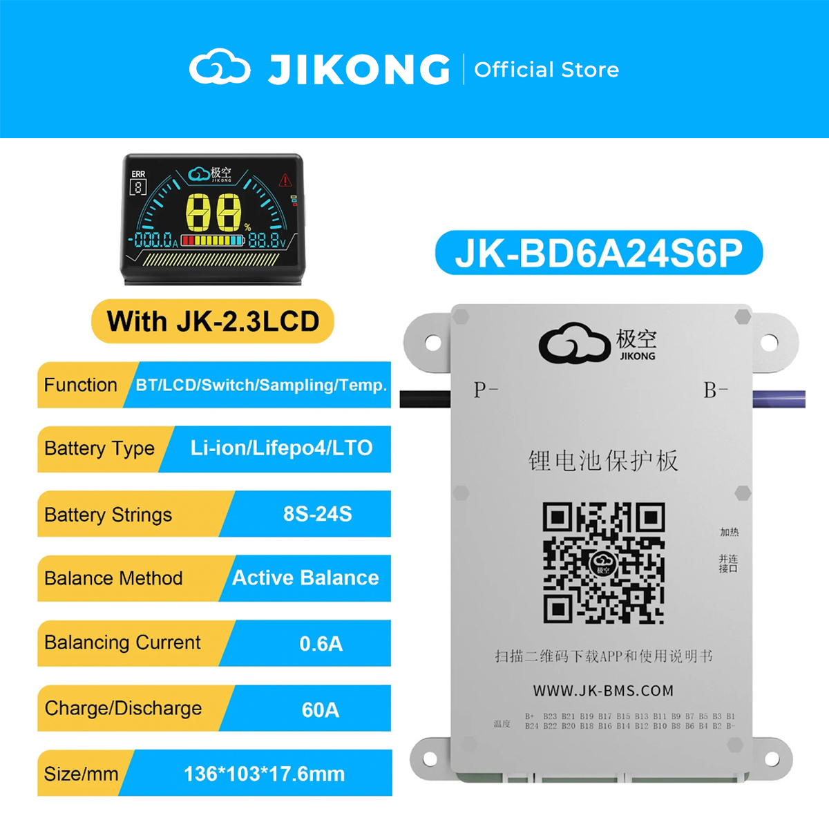 JIKONG JK-BD6A24S6P – 0.6A Balancer 60A BMS for 24S LiFePO4