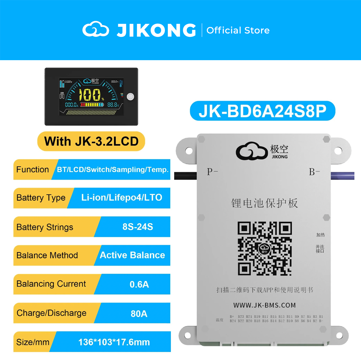 JIKONG JK-BD6A24S8P – 0.6A Balancer 80A BMS for 24S LiFePO4