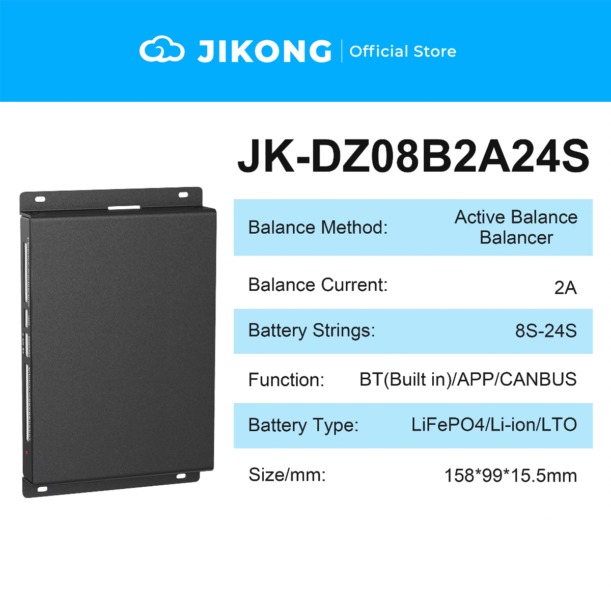 JIKONG JK-DZ08B2A24S – 2A Balancer BMS with CAN for 8S-24S LiFePO4