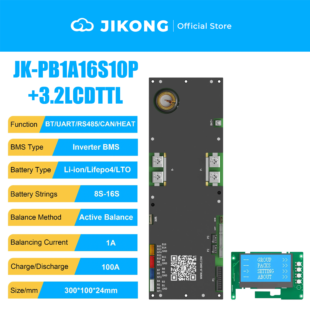 JIKONG JK-PB1A16S10P-V19 – 1A Balancer 100A 8S-16S BMS