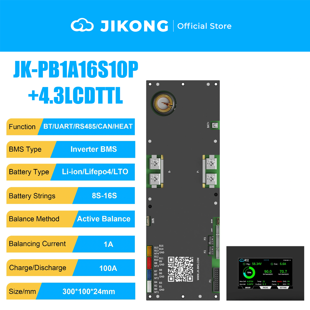 JIKONG JK-PB1A16S10P-V19 – 1A Balancer 100A 8S-16S BMS