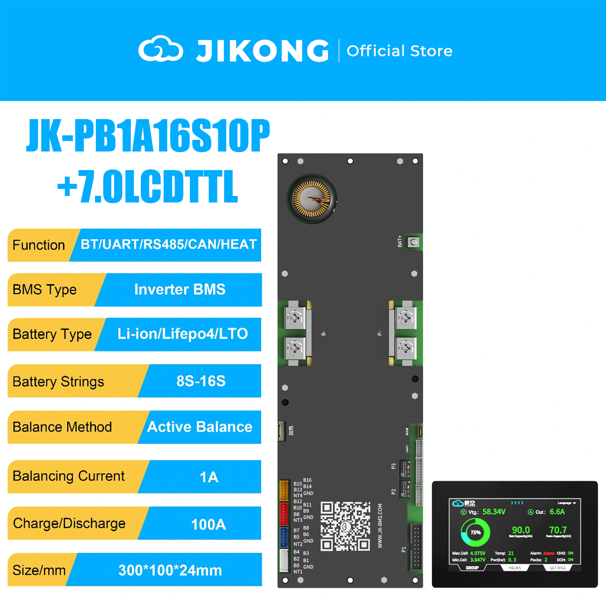 JIKONG JK-PB1A16S10P-V19 – 1A Balancer 100A 8S-16S BMS