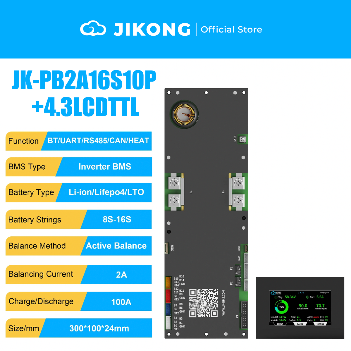 JIKONG JK-PB2A16S10P-V19 – 2A Balancer 100A 8S-16S BMS