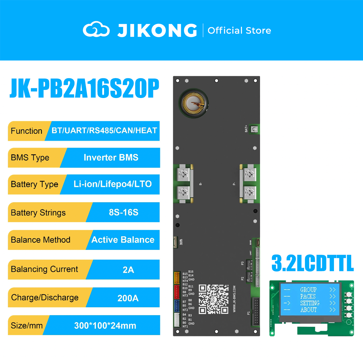 JIKONG JK-PB2A16S20P-V19 – 2A Balancer 200A 8S-16S BMS