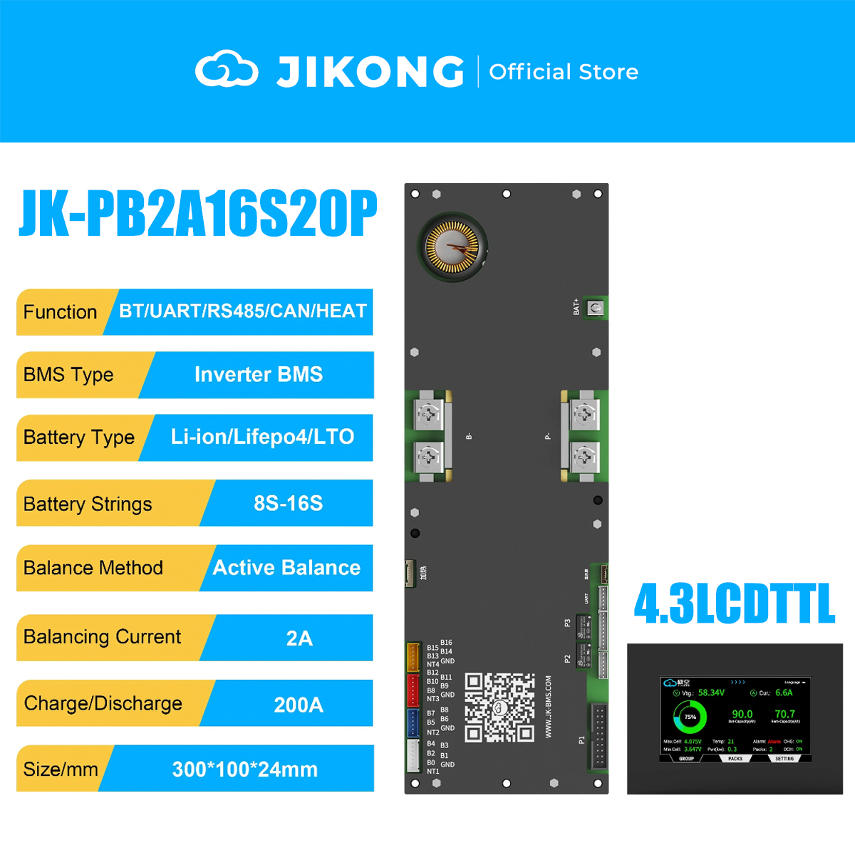 JIKONG JK-PB2A16S20P-V19 – 2A Balancer 200A 8S-16S BMS