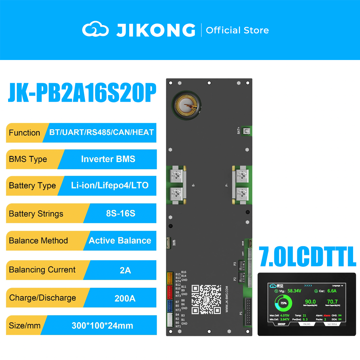 JIKONG JK-PB2A16S20P-V19 – 2A Balancer 200A 8S-16S BMS