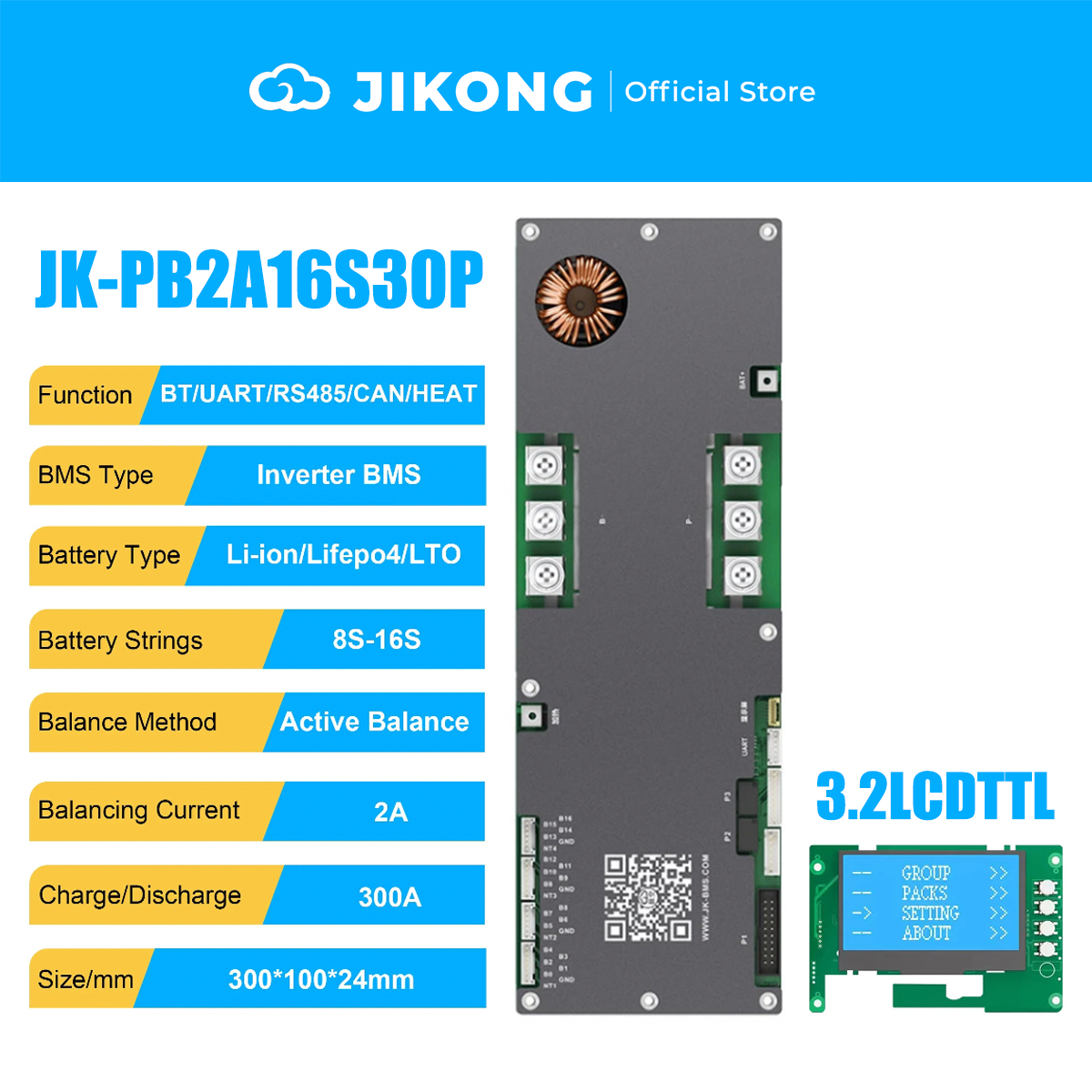 JIKONG JK-PB2A16S30P-V19 – 2A Balancer 300A 8S-16S BMS