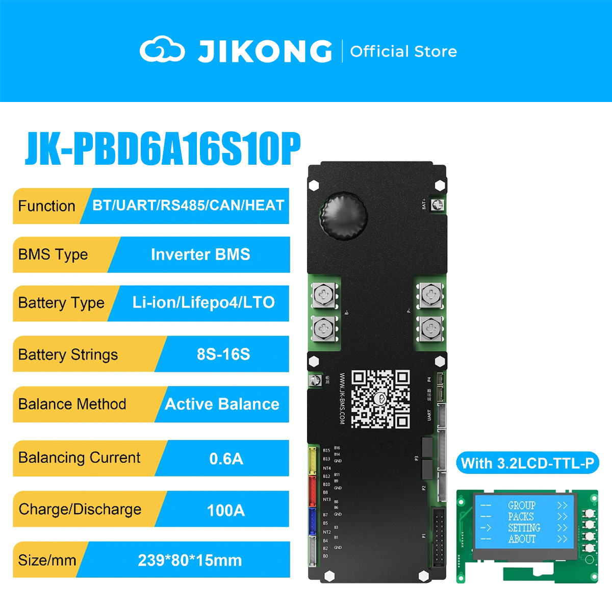 JIKONG JK-PBD6A16S10P-V22-Latest Models – 0.6A Balancer 100A 8S-16S BMS