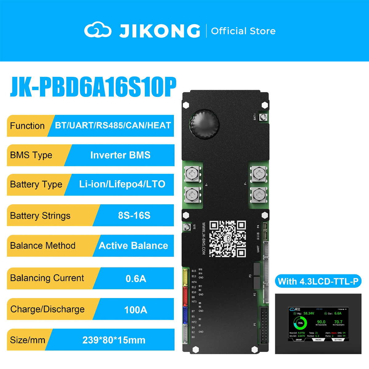 JIKONG JK-PBD6A16S10P-V22-Latest Models – 0.6A Balancer 100A 8S-16S BMS