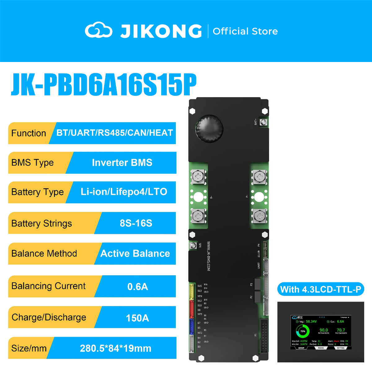 JIKONG JK-PBD6A16S15P-V22-Latest Models – 0.6A Balancer 150A 8S-16S BMS