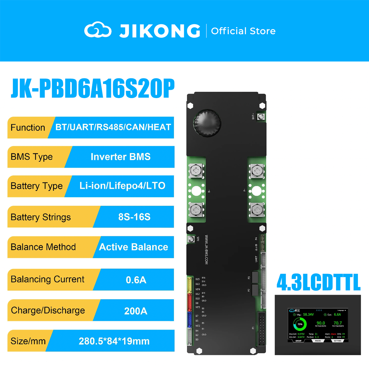 JIKONG JK-PBD6A16S20P-V22-Latest Models – 0.6A Balancer 200A 8S-16S BMS