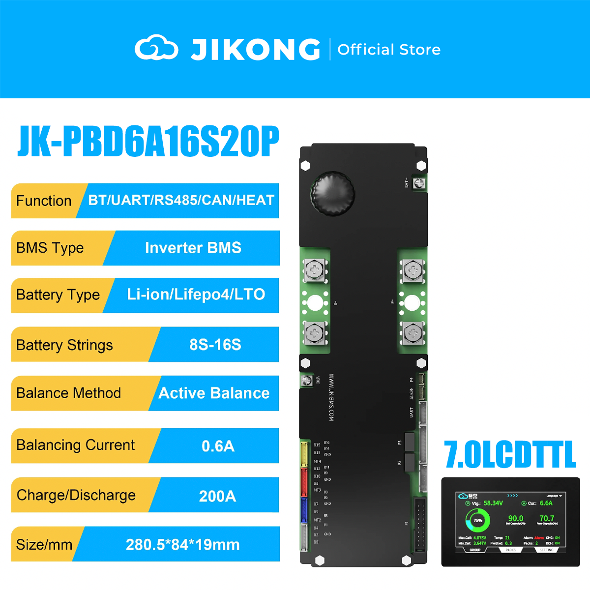JIKONG JK-PBD6A16S20P-V22-Latest Models – 0.6A Balancer 200A 8S-16S BMS